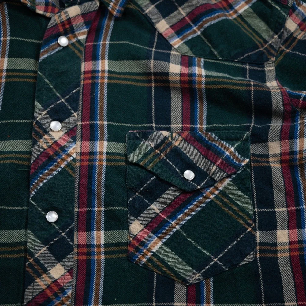 Vintage Wrangler Western Flannel Shirt Mens Medium Green Plaid‎ Pearl Snap Yoke